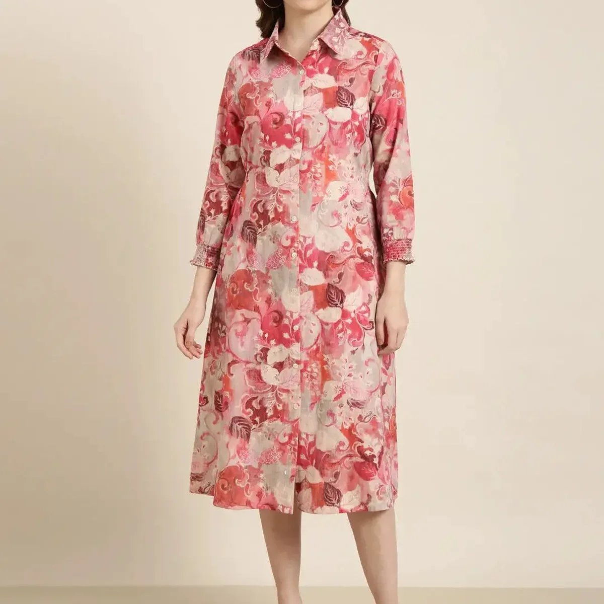 Women's Pink Floral Print Cotton A-Line Dress, photo 2 of 4