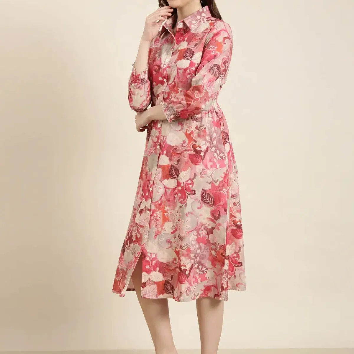 Women's Pink Floral Print Cotton A-Line Dress, photo 3 of 4
