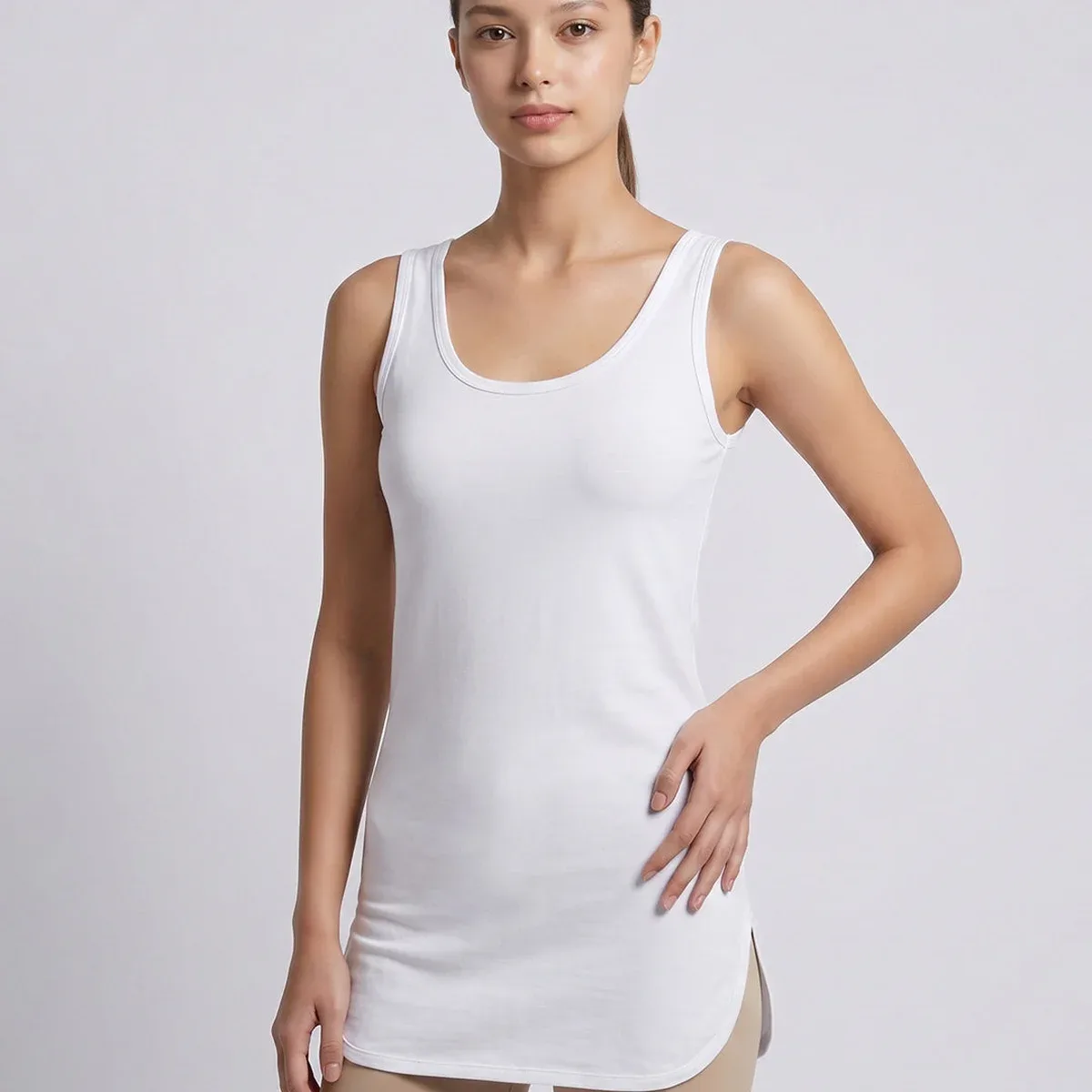 Women 100% Combed Cotton White Long Camisole with Side Slit - Flora ( Pack of 2), photo 1 of 4