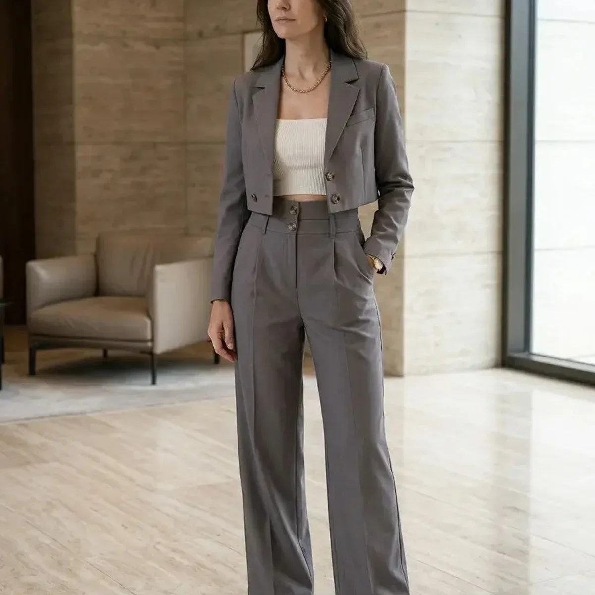 Women's Structured Pant Suit | Tailored Cropped Blazer and High Waist Wide Leg Trousers, photo 2 of 4