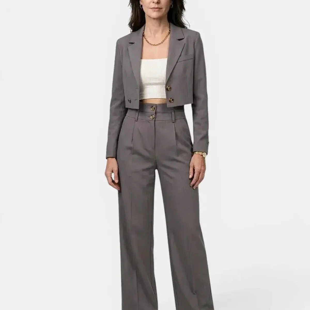 Women's Structured Pant Suit | Tailored Cropped Blazer and High Waist Wide Leg Trousers, photo 3 of 4