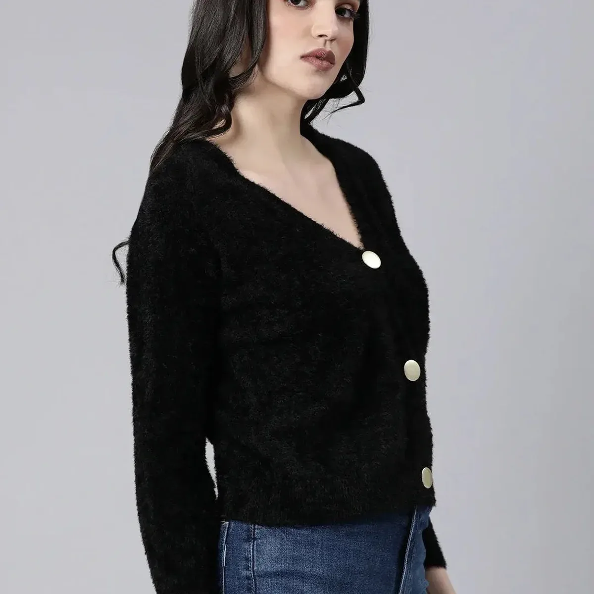 Women's Solid Black Cardigan, photo 3 of 4