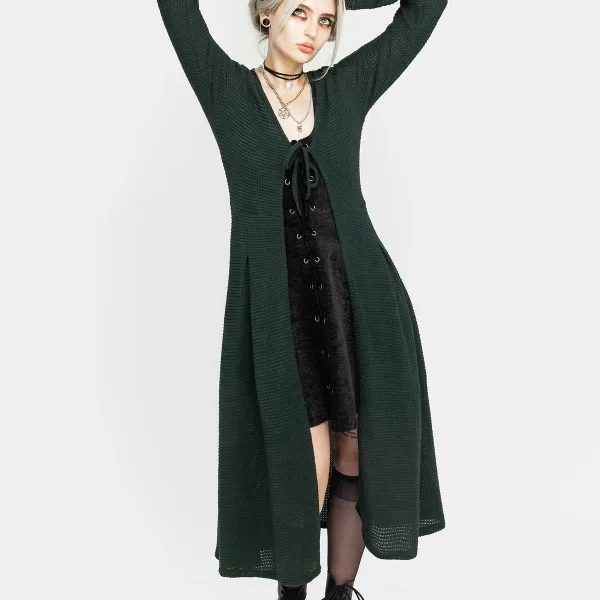 Xana Textured Tie Front Long Cardigan - Green