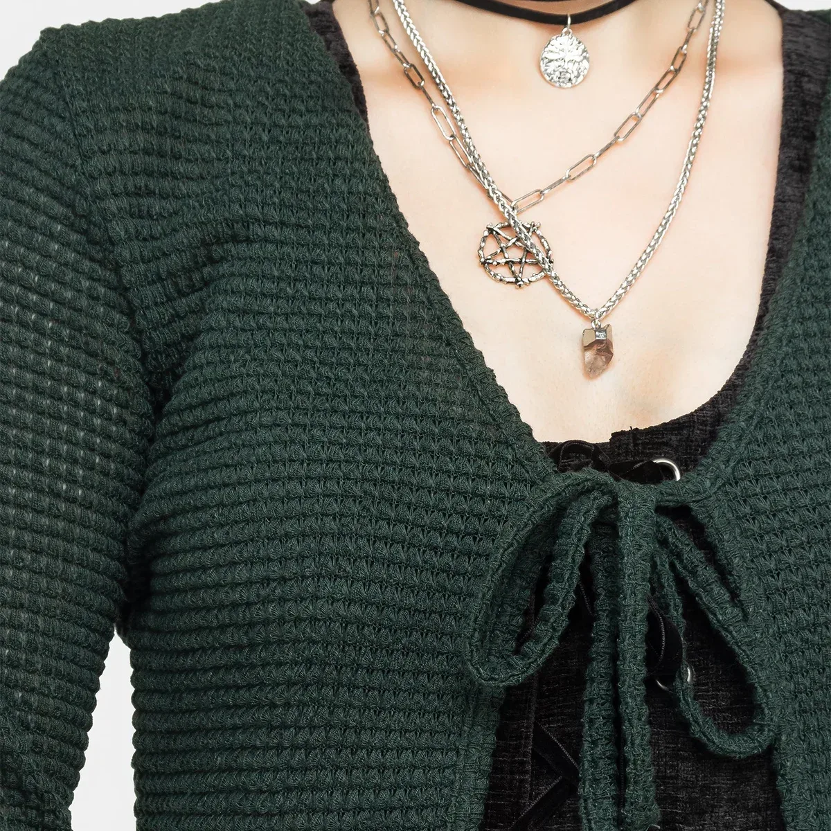 Xana Textured Tie Front Long Cardigan - Green, photo 2 of 4