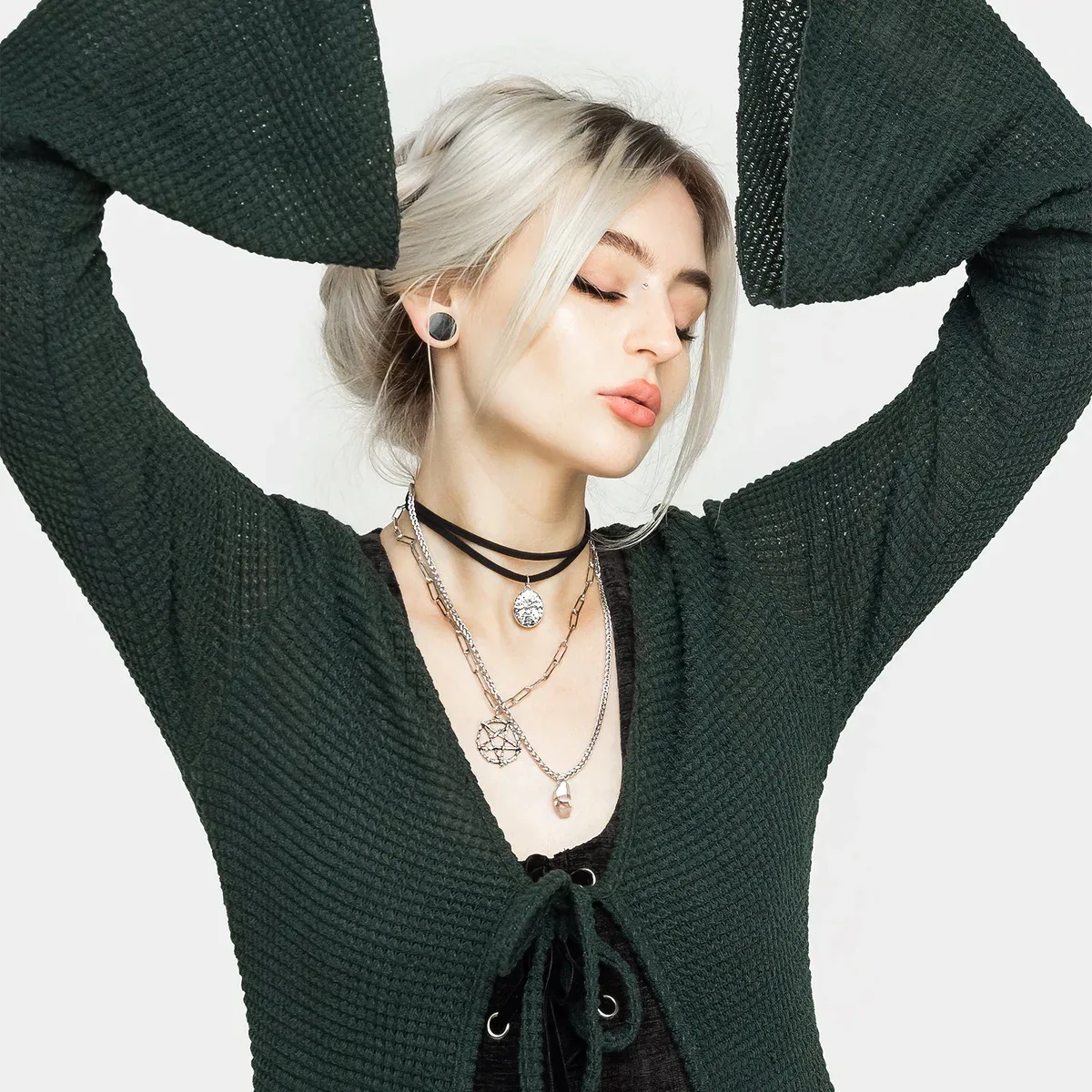 Xana Textured Tie Front Long Cardigan - Green, photo 4 of 4