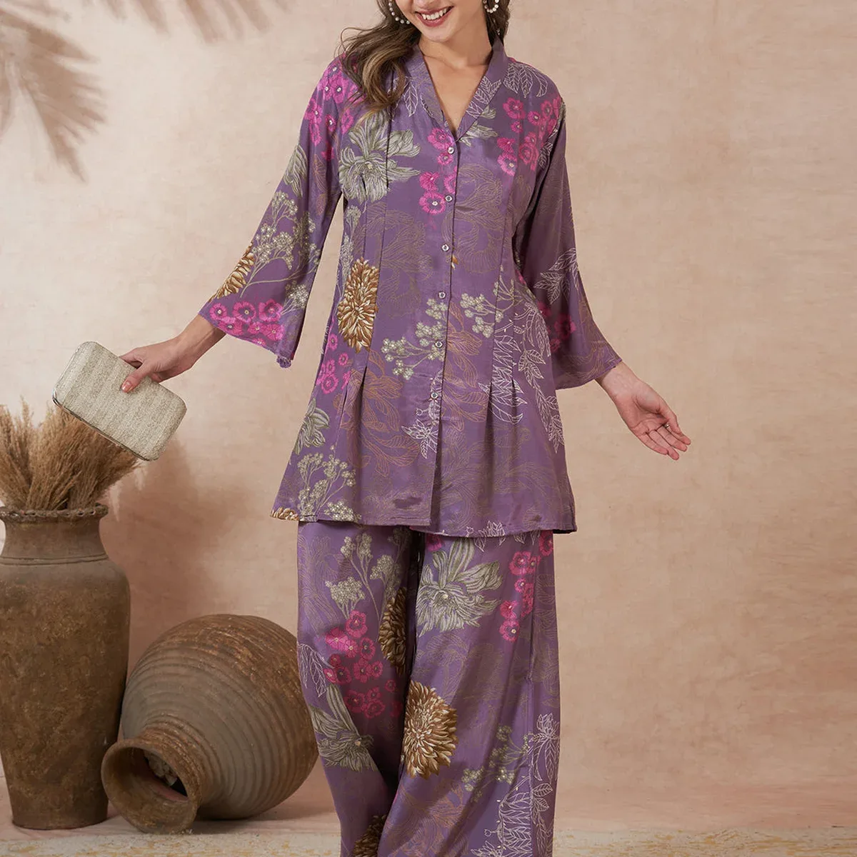 Abstract Foil Printed A-Line Blazer with Flared Palazzo - Purple, photo 1 of 4