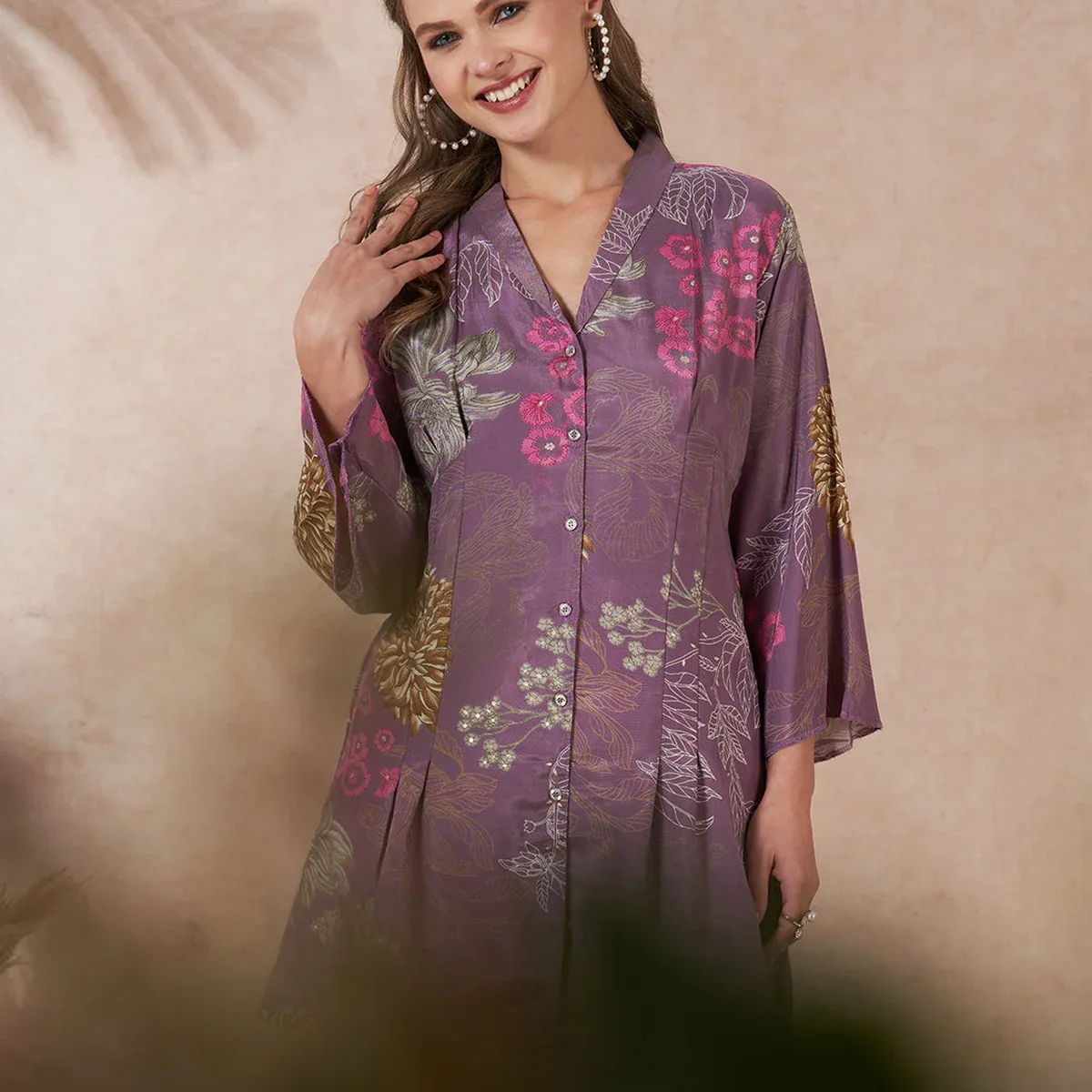 Abstract Foil Printed A-Line Blazer with Flared Palazzo - Purple, photo 2 of 4
