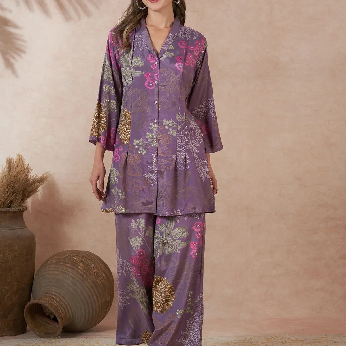 Abstract Foil Printed A-Line Blazer with Flared Palazzo - Purple, photo 3 of 4