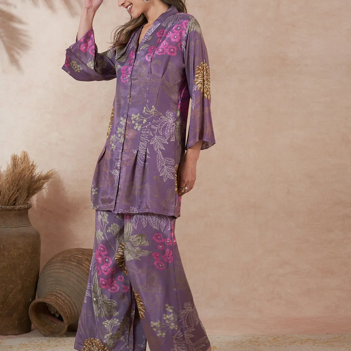 Abstract Foil Printed A-Line Blazer with Flared Palazzo - Purple, photo 4 of 4