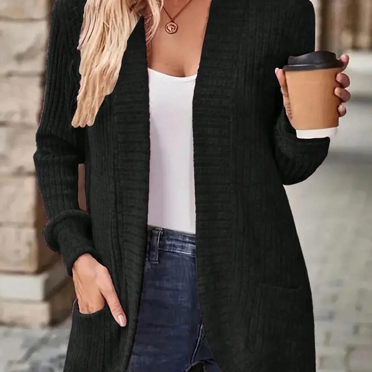 Women's Casual Ribbed Peached Cardigan Shorts With Pockets, photo 3 of 4