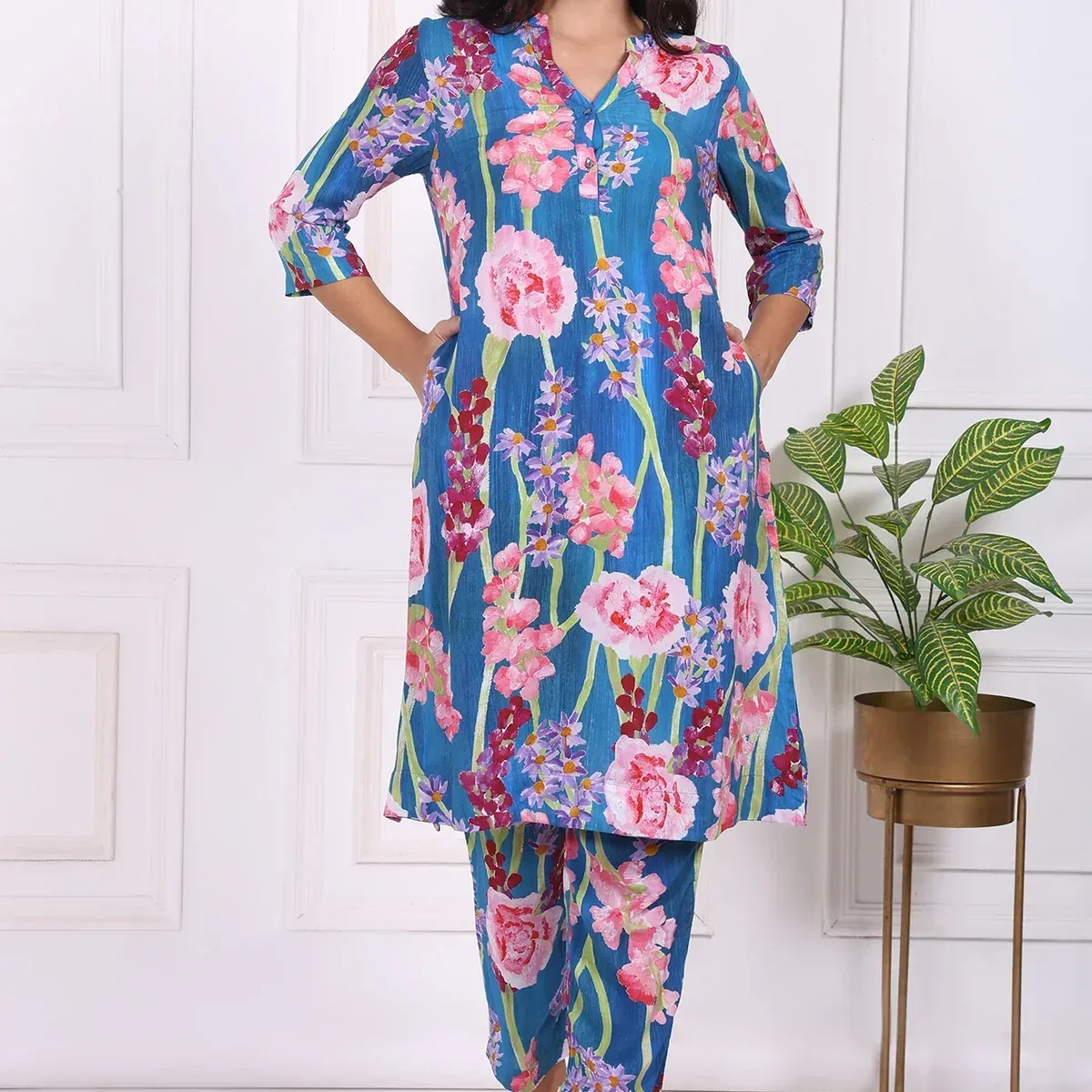 Blue Floral Printed Modal Ankle Length Straight Pants, photo 1 of 4