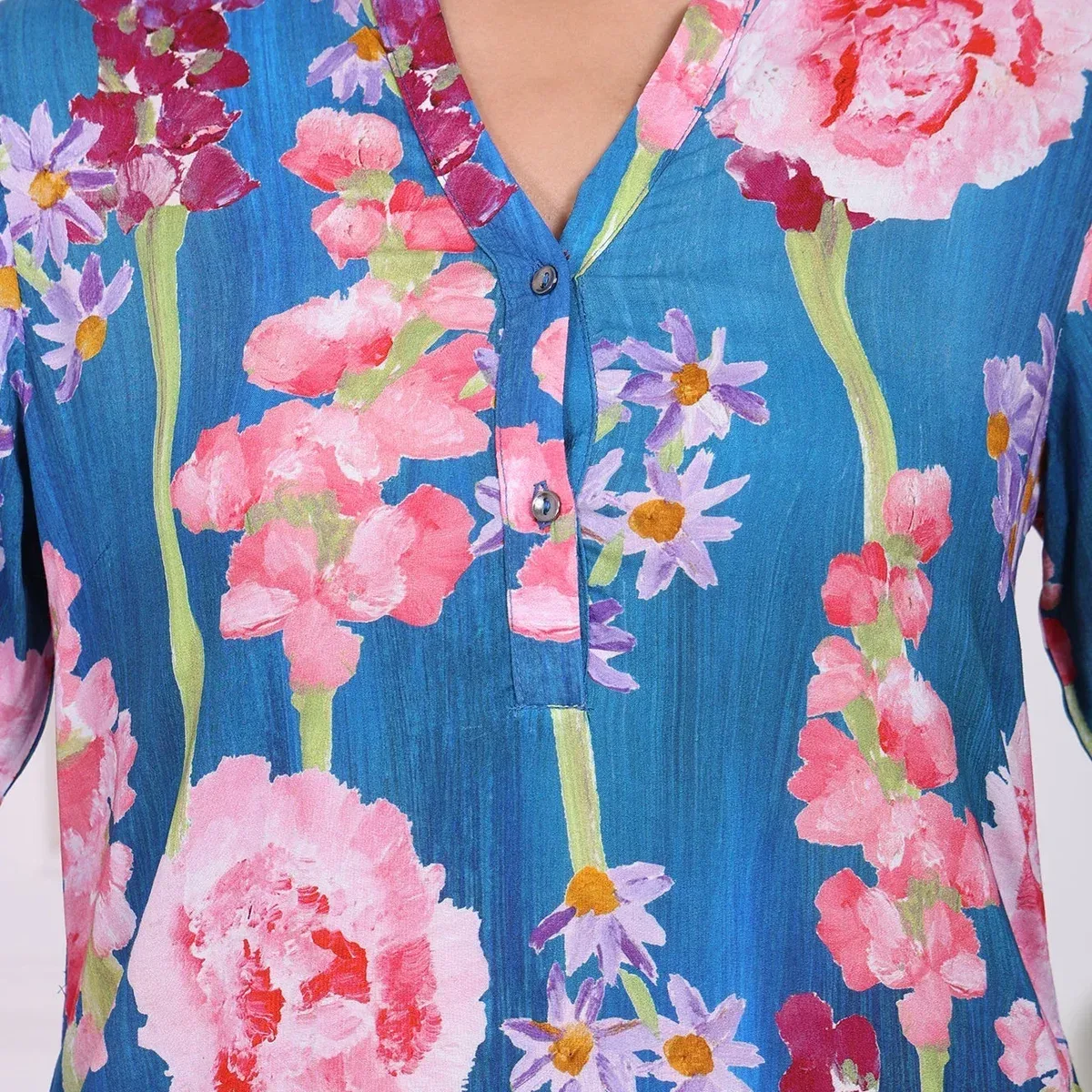 Blue Floral Printed Modal Ankle Length Straight Pants, photo 3 of 4