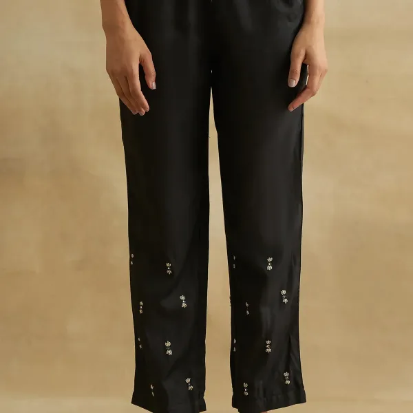 Black Thread Embroidered Silk Tussar Straight Pants
