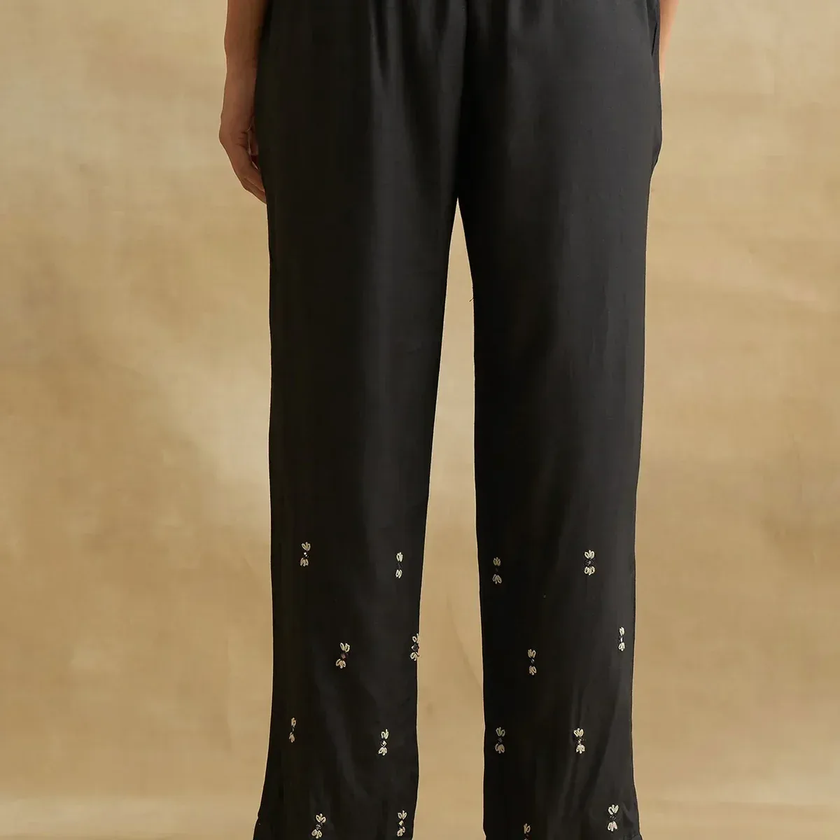 Black Thread Embroidered Silk Tussar Straight Pants, photo 2 of 4
