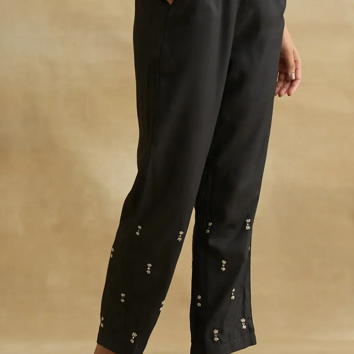 Black Thread Embroidered Silk Tussar Straight Pants, photo 4 of 4