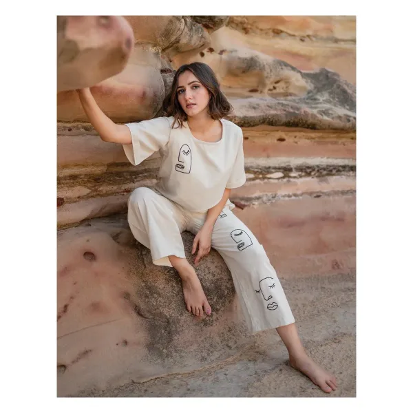 Premium Artsy Khadi Cream Co-ord Set Top & Palazzo