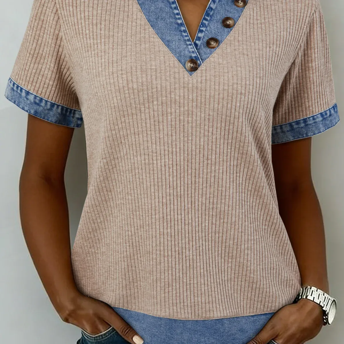 Beige Ribbed Knit Denim Color Block Patchwork Button Detail Collared Blouse, photo 1 of 4