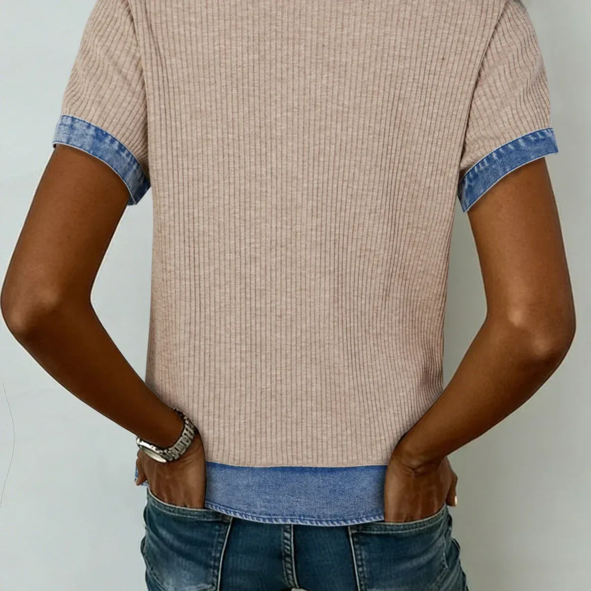 Beige Ribbed Knit Denim Color Block Patchwork Button Detail Collared Blouse, photo 2 of 4