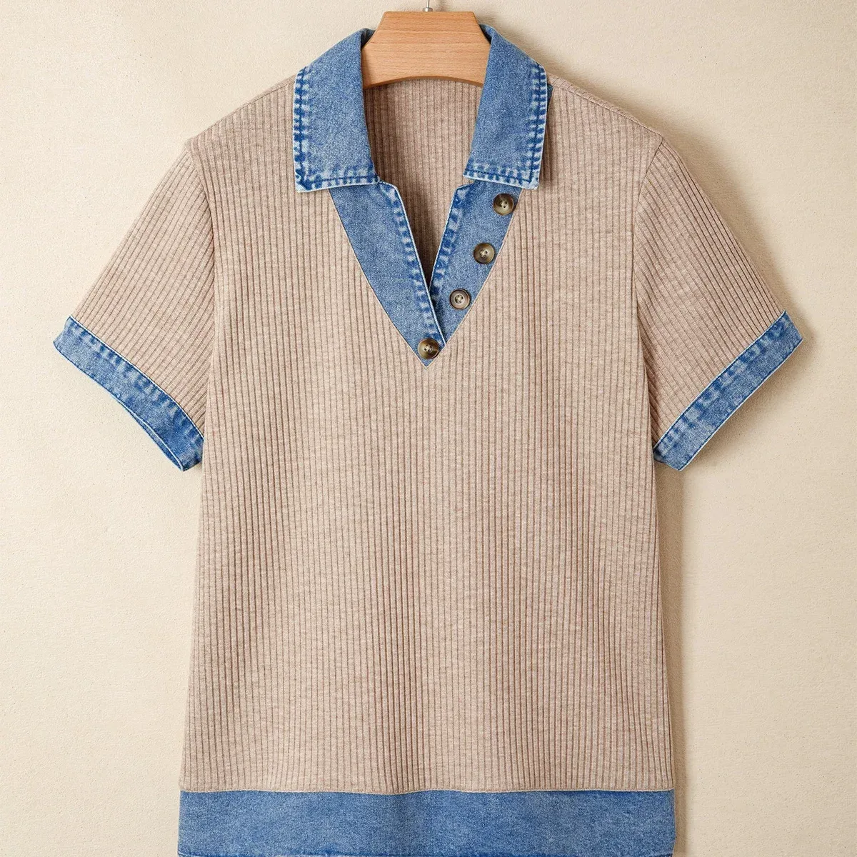 Beige Ribbed Knit Denim Color Block Patchwork Button Detail Collared Blouse, photo 3 of 4