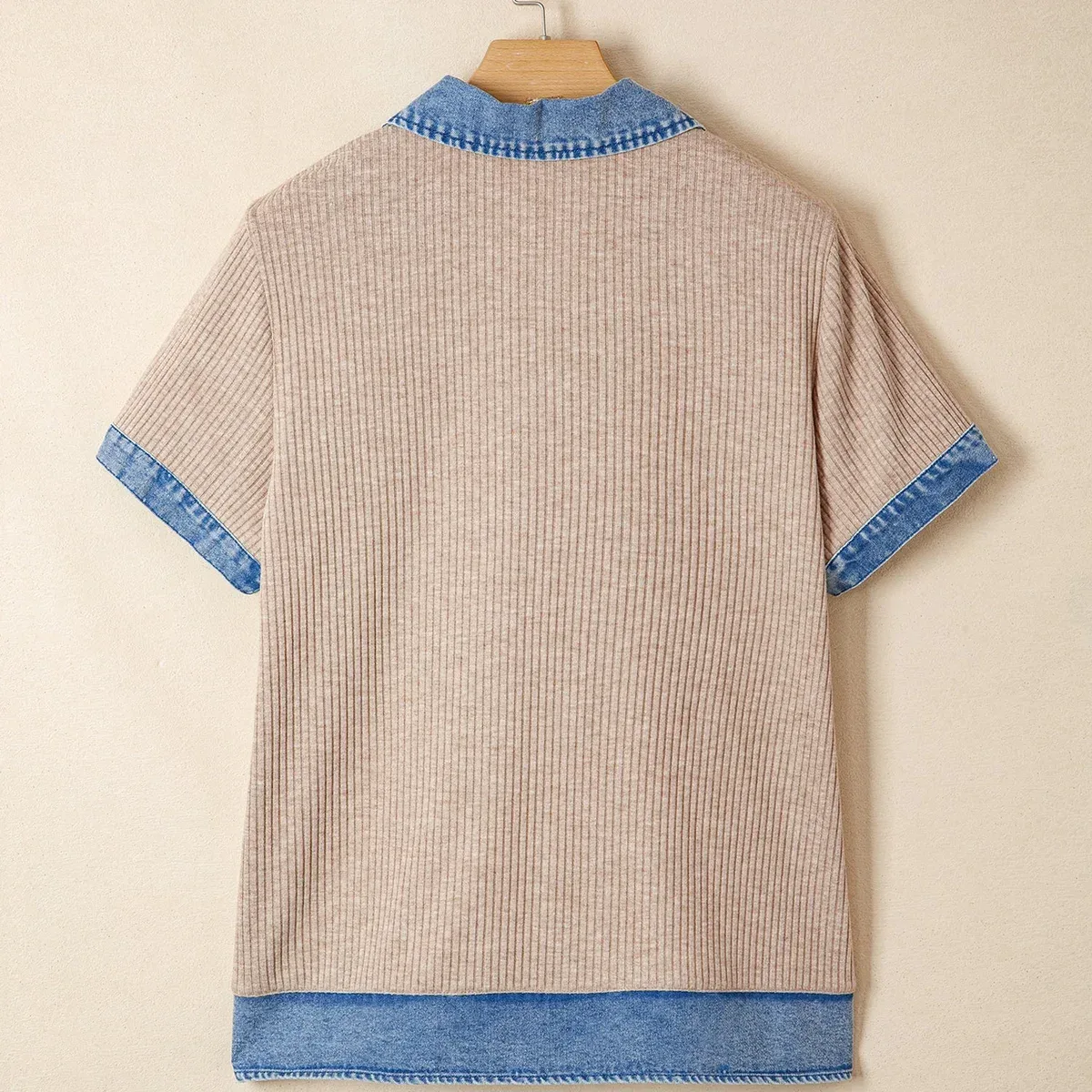 Beige Ribbed Knit Denim Color Block Patchwork Button Detail Collared Blouse, photo 4 of 4