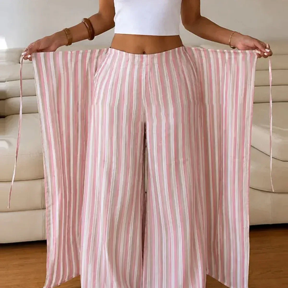 Pants Leg Stripe Women Trousers Adjustable Waist Wrap Loose Summer Floor Length Boho Palazzo Trousers Women Ou, photo 2 of 4