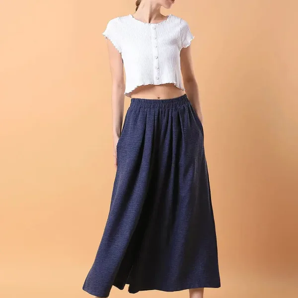 Women's Navy Blue Comfort Loose Fit Pleated Culottes Trousers