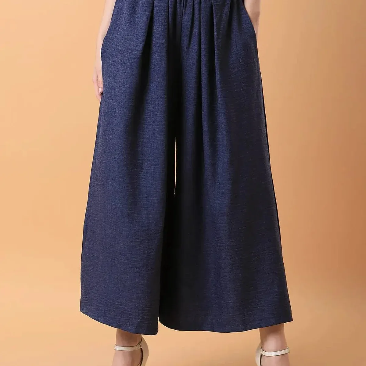 Women's Navy Blue Comfort Loose Fit Pleated Culottes Trousers, photo 2 of 4