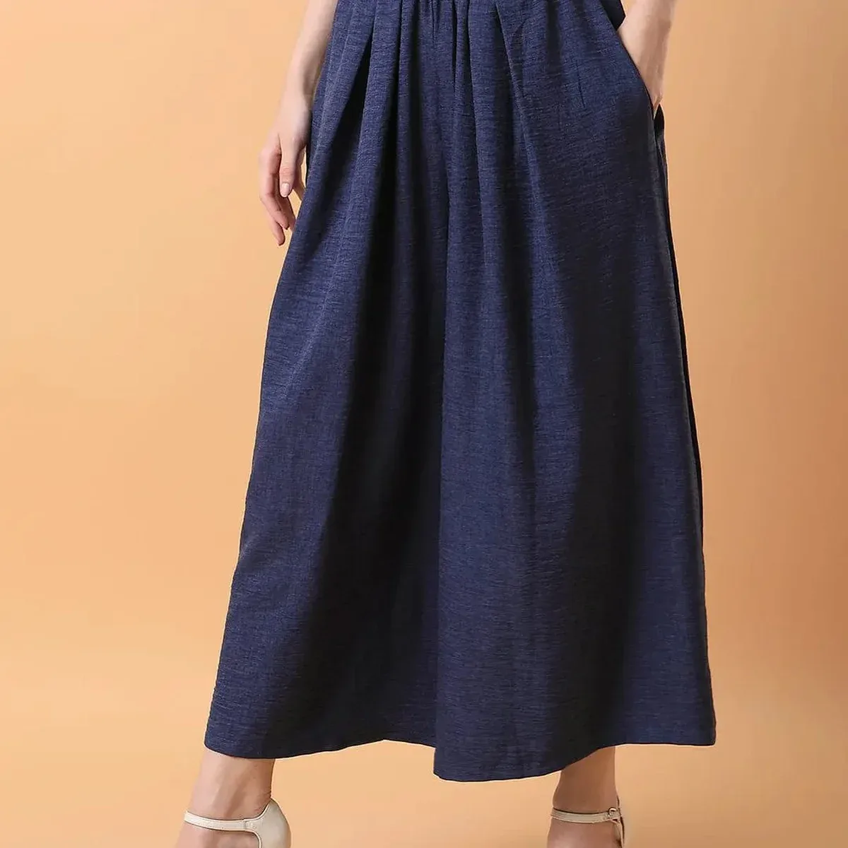 Women's Navy Blue Comfort Loose Fit Pleated Culottes Trousers, photo 3 of 4