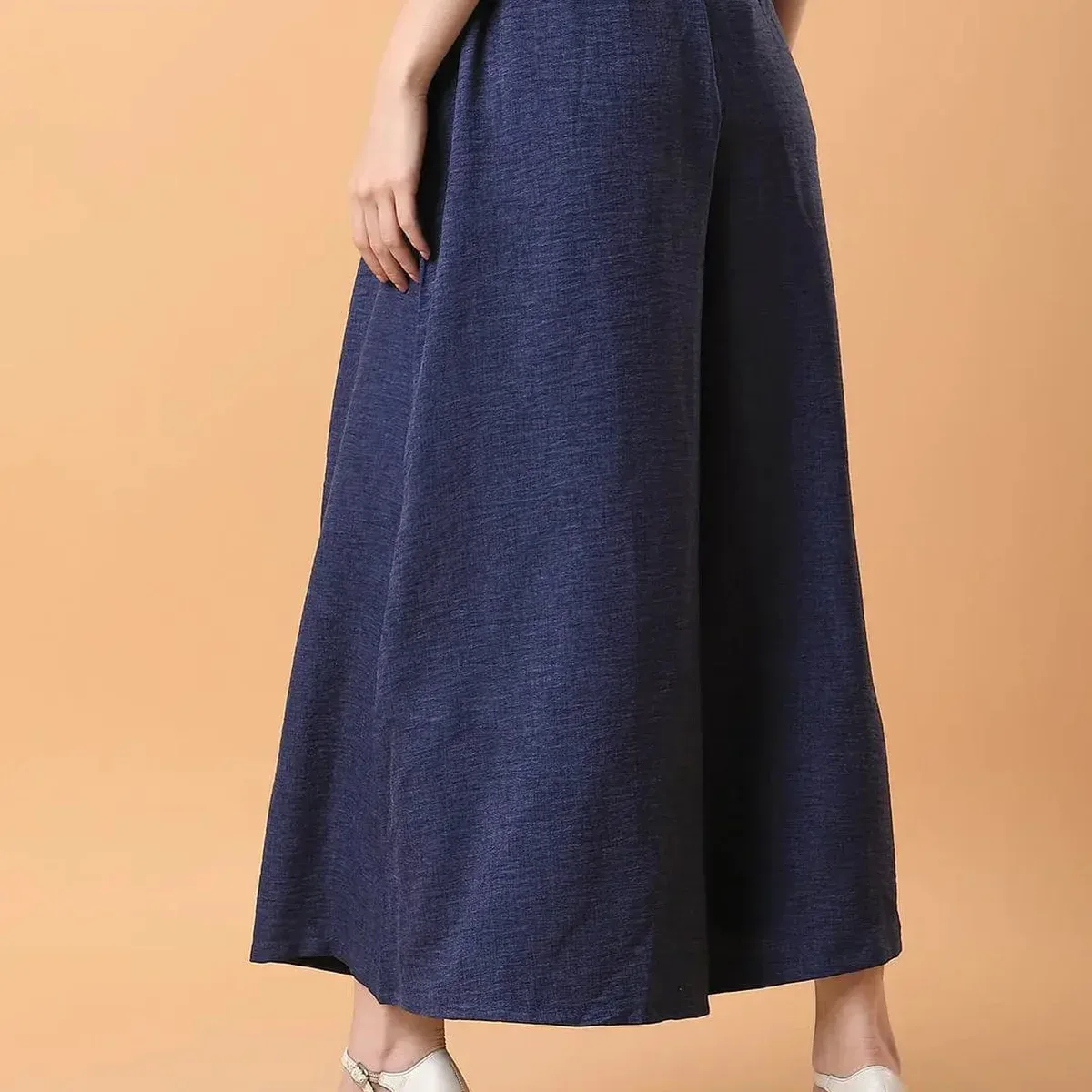 Women's Navy Blue Comfort Loose Fit Pleated Culottes Trousers, photo 4 of 4