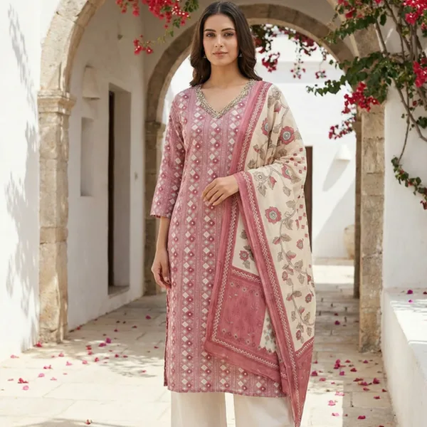 Dusty Pink Printed Russian Silk Straight Kurta Set with Floral Dupatta & Cream Palazzo Pants