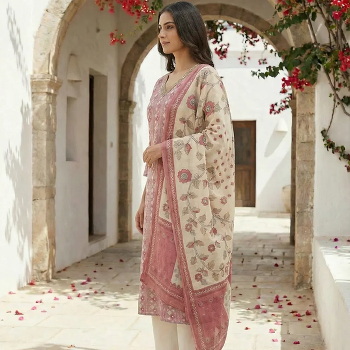 Dusty Pink Printed Russian Silk Straight Kurta Set with Floral Dupatta & Cream Palazzo Pants, photo 2 of 4