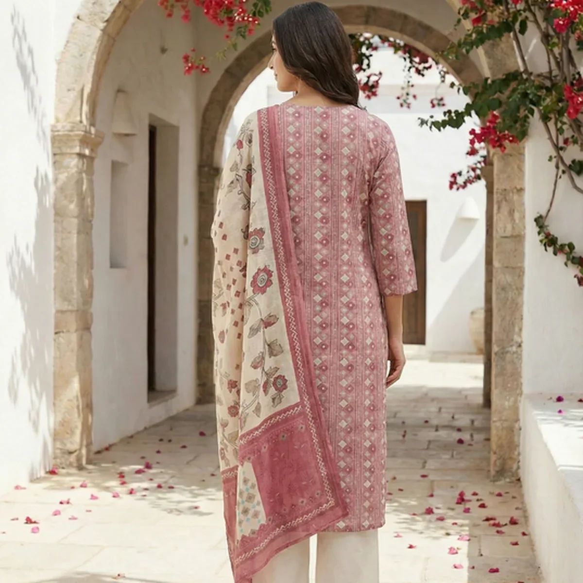 Dusty Pink Printed Russian Silk Straight Kurta Set with Floral Dupatta & Cream Palazzo Pants, photo 4 of 4
