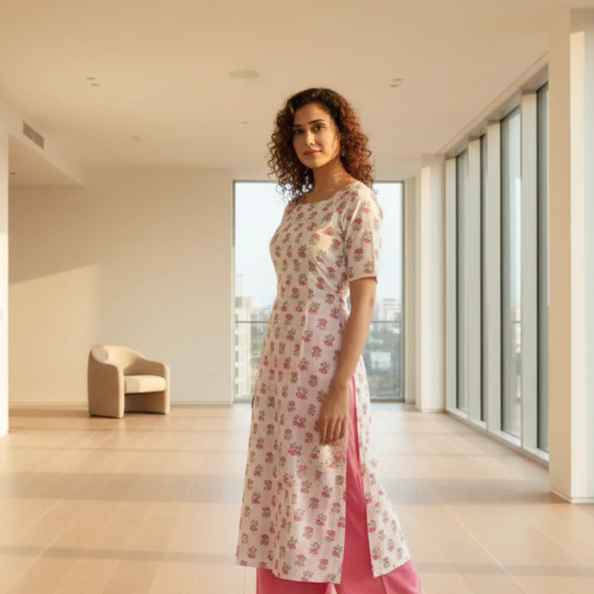 Floral Printed Cotton Kurti Set for Women with Palazzo Pants | Summer Ethnic Wear - Natural Fab, photo 4 of 4