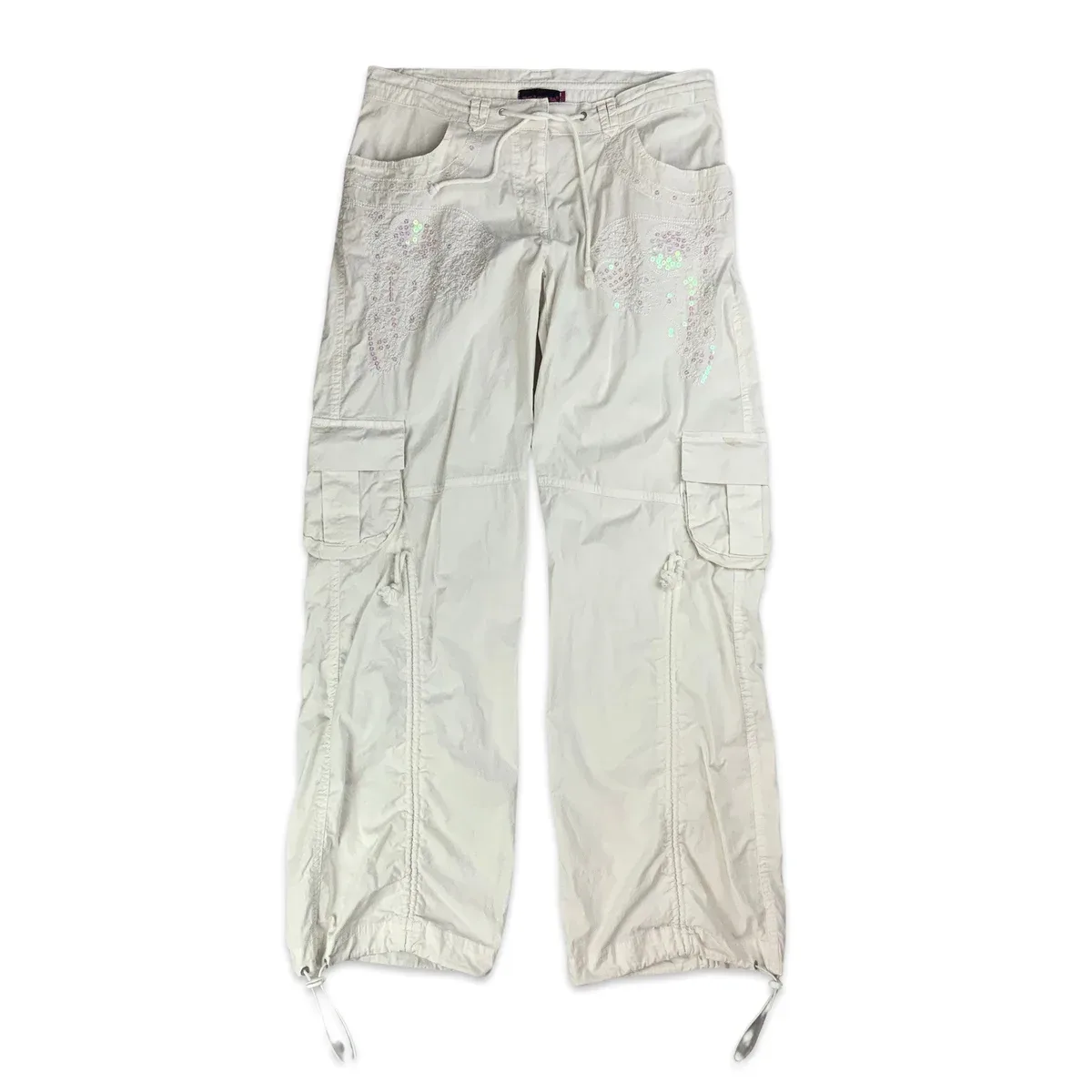 Y2K White Cargo Trousers with Sequin Embellishment 8 10 12, photo 1 of 4