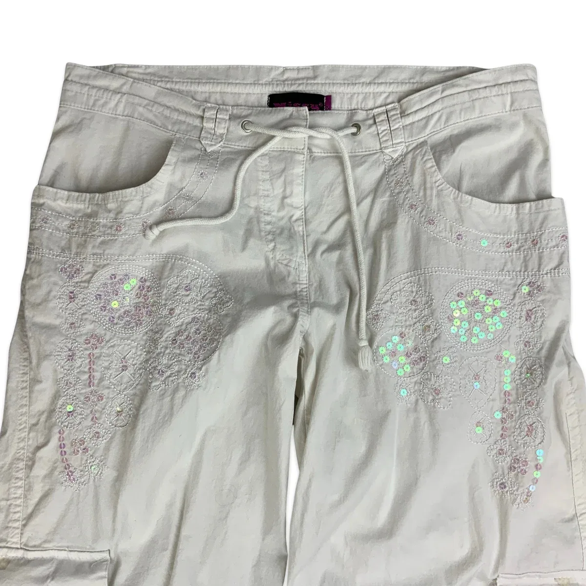 Y2K White Cargo Trousers with Sequin Embellishment 8 10 12, photo 2 of 4