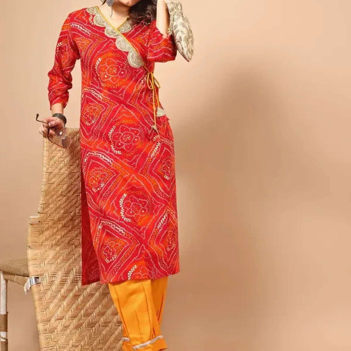 Red Bandhani Printed Angrakha Sequined Straight Kurta, photo 1 of 4