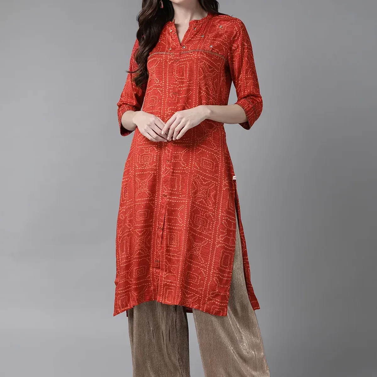 Red Bandhani Printed Angrakha Sequined Straight Kurta, photo 2 of 4