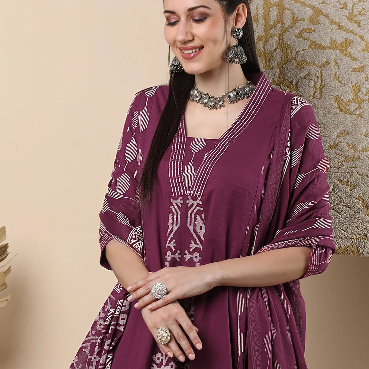 Ethnic Floral Printed Embroidered A-Line Kurta with Pant and Dupatta - Magenta, photo 1 of 4