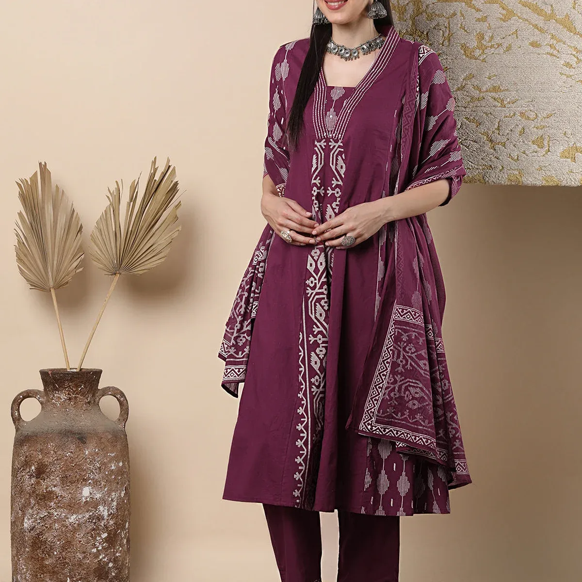 Ethnic Floral Printed Embroidered A-Line Kurta with Pant and Dupatta - Magenta, photo 2 of 4