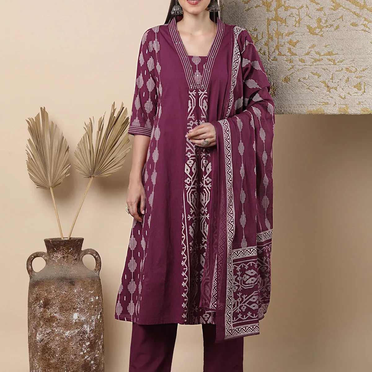 Ethnic Floral Printed Embroidered A-Line Kurta with Pant and Dupatta - Magenta, photo 3 of 4