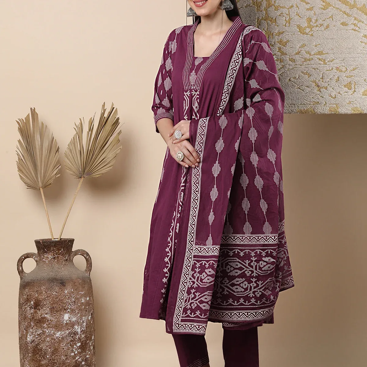Ethnic Floral Printed Embroidered A-Line Kurta with Pant and Dupatta - Magenta, photo 4 of 4
