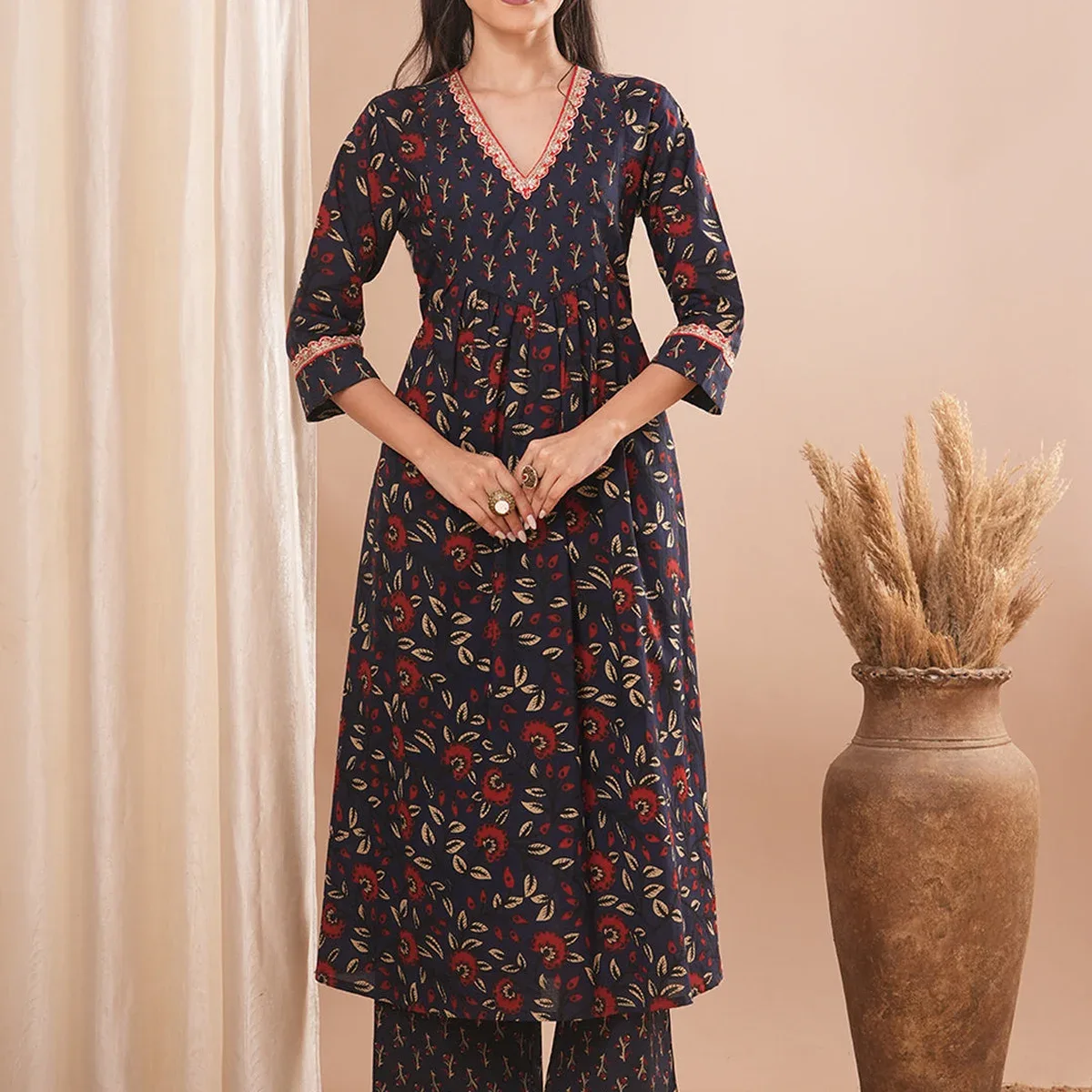 Ethnic Floral Printed Embroidered A-Line Kurta with Palazzo - Blue, photo 1 of 4