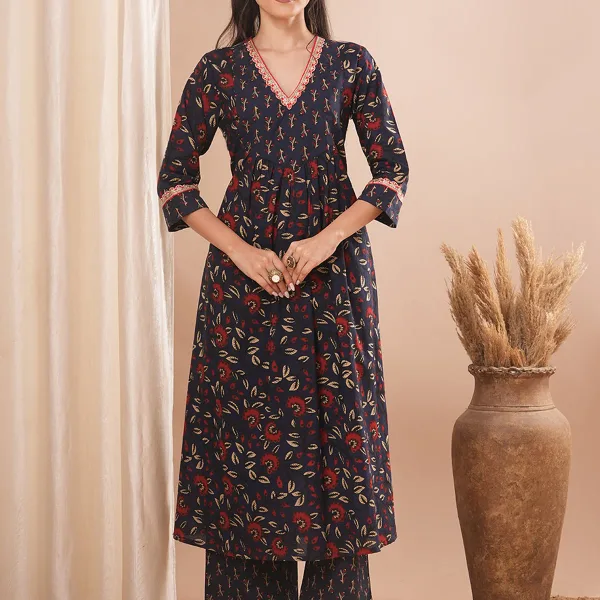 Ethnic Floral Printed Embroidered A-Line Kurta with Palazzo - Blue