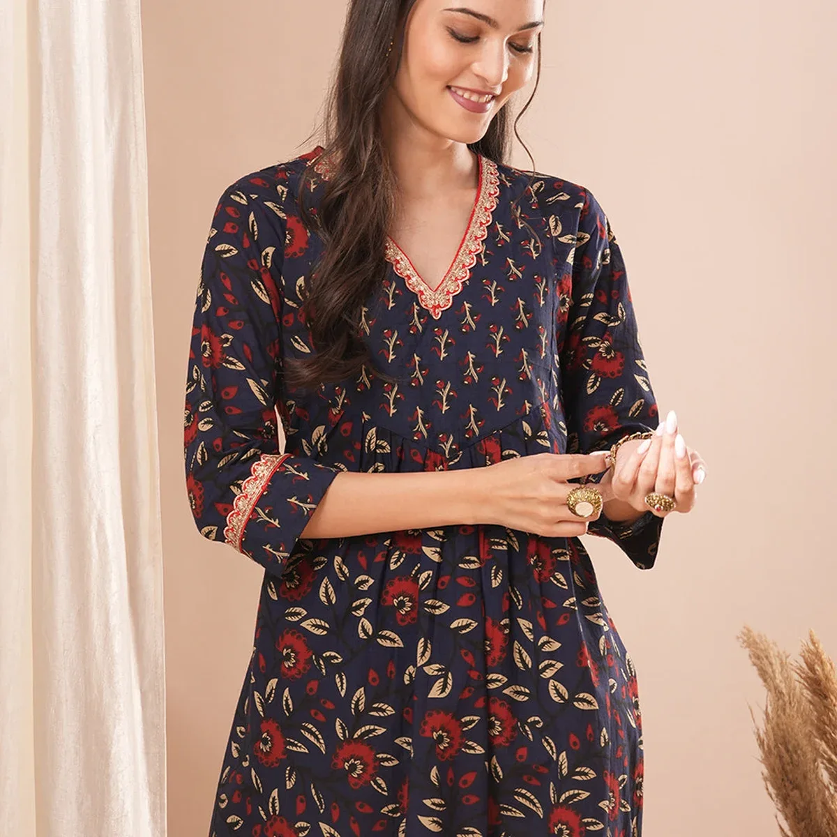 Ethnic Floral Printed Embroidered A-Line Kurta with Palazzo - Blue, photo 2 of 4