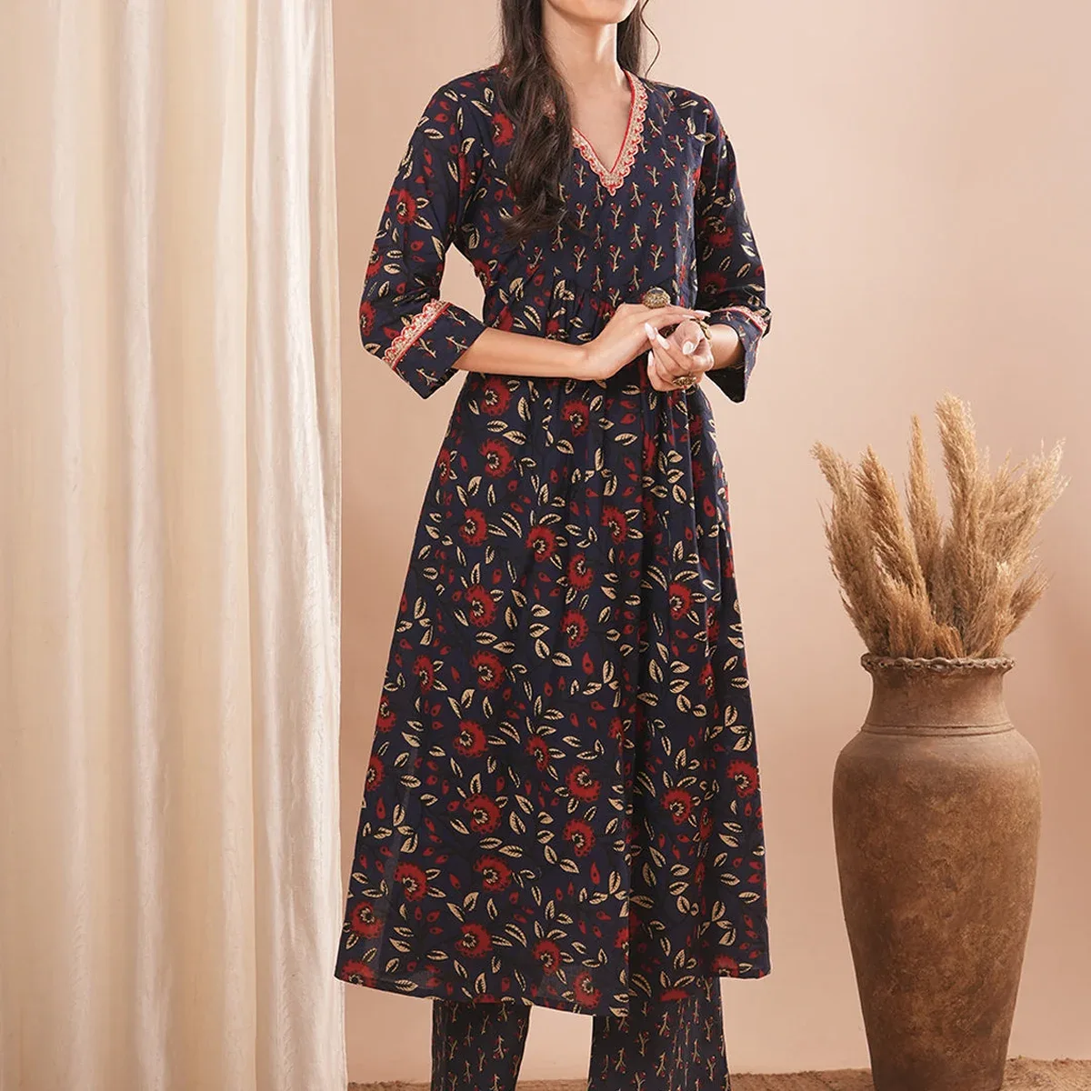 Ethnic Floral Printed Embroidered A-Line Kurta with Palazzo - Blue, photo 3 of 4