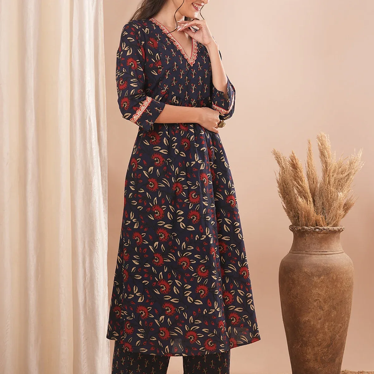 Ethnic Floral Printed Embroidered A-Line Kurta with Palazzo - Blue, photo 4 of 4