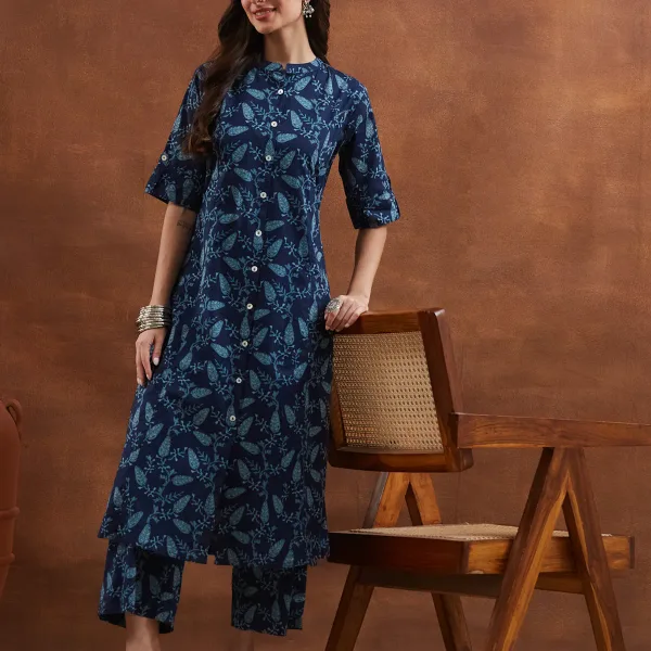 Divena Floral Printed Cotton Blue A-Line Kurta Pant Sets