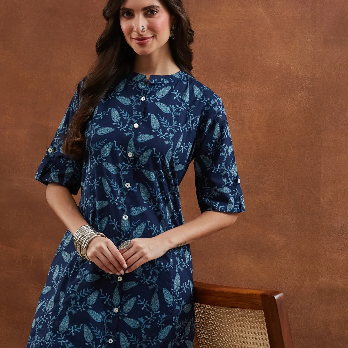 Divena Floral Printed Cotton Blue A-Line Kurta Pant Sets, photo 2 of 4
