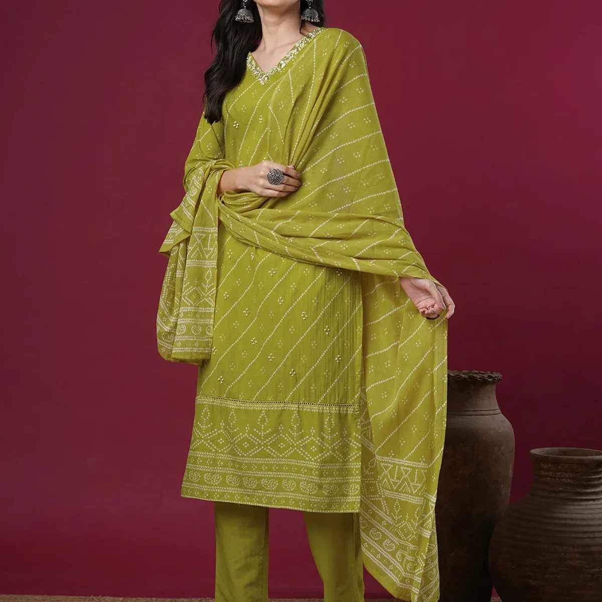 Floral Printed & Embroidered Straight Kurta with Pant & Dupatta - Lime Green, photo 1 of 4