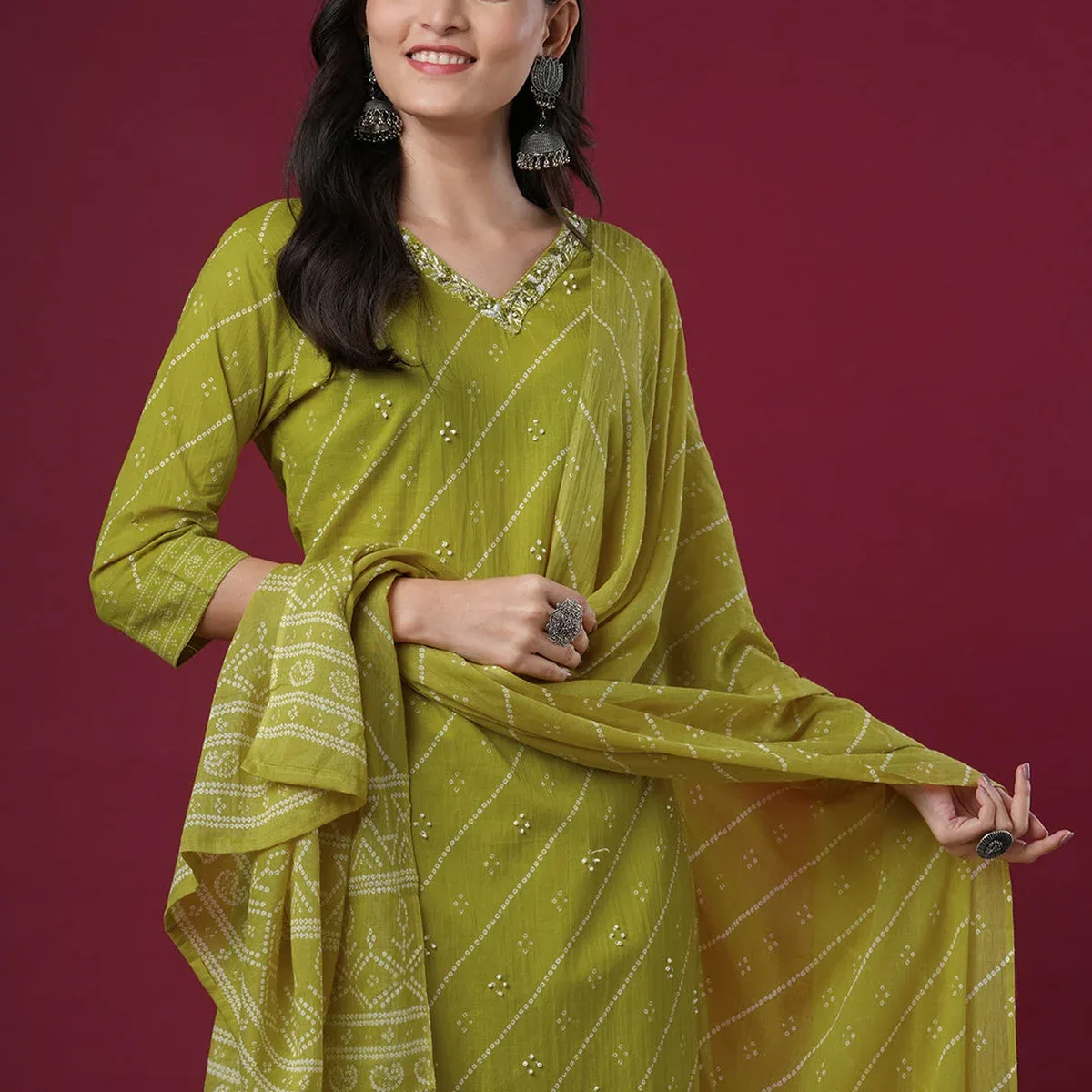 Floral Printed & Embroidered Straight Kurta with Pant & Dupatta - Lime Green, photo 2 of 4